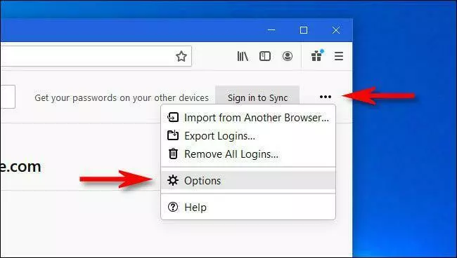 In Firefox Logins & Passwords, click the ellipses button then select "Options."