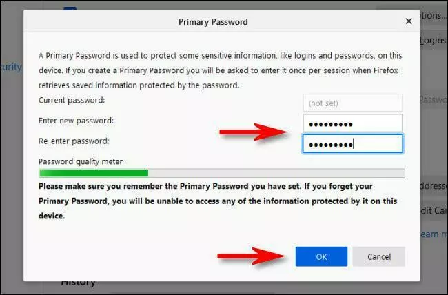 In Firefox Settings, enter a primary password, then click "OK."