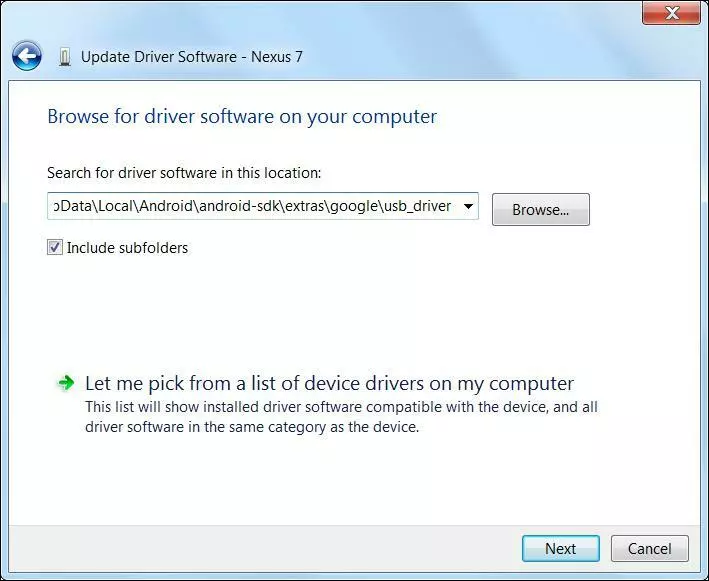 Locate the drivers you downloaded and select "Next"