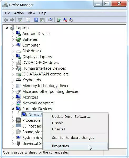 Right-click on your device in Windows Device Manager and select "Properties"