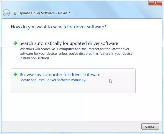 Click on the "Browse my computer for driver software" button